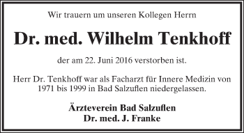 Anzeige  Wilhelm Tenkhoff  Lippische Landes-Zeitung