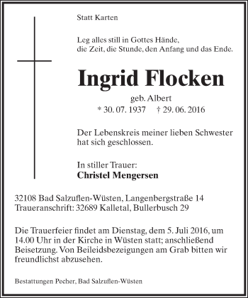 Anzeige  Ingrid Flocken  Lippische Landes-Zeitung