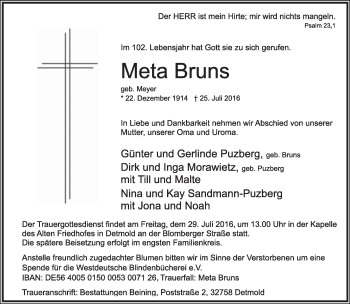Anzeige  Meta Bruns  Lippische Landes-Zeitung