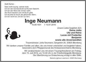 Anzeige  Inge Neumann  Lippische Landes-Zeitung