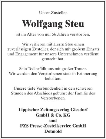 Anzeige  Wolfgang Steu  Lippische Landes-Zeitung