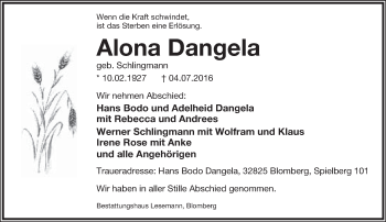 Anzeige  Alona Dangela  Lippische Landes-Zeitung