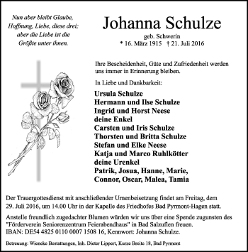Anzeige  Johanna Schulze  Lippische Landes-Zeitung