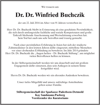 Anzeige  Winfried Buchczik  Lippische Landes-Zeitung