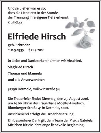 Anzeige  Elfriede Hirsch  Lippische Landes-Zeitung
