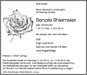 Anzeige  Renate Rhiemeier  Lippische Landes-Zeitung