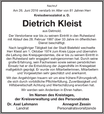 Anzeige  Dietrich Kleist  Lippische Landes-Zeitung