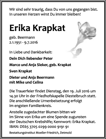 Anzeige  Erika Krapkat  Lippische Landes-Zeitung