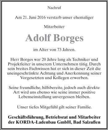 Anzeige  Adolf Borges  Lippische Landes-Zeitung