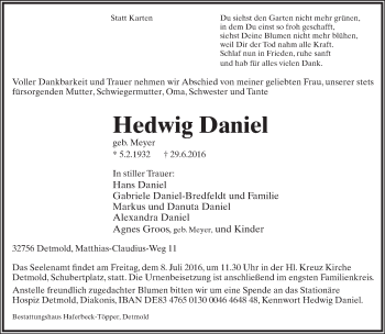 Anzeige  Hedwig Daniel  Lippische Landes-Zeitung
