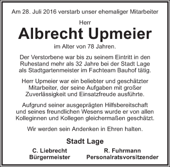 Anzeige  Albrecht Upmeier  Lippische Zeitung