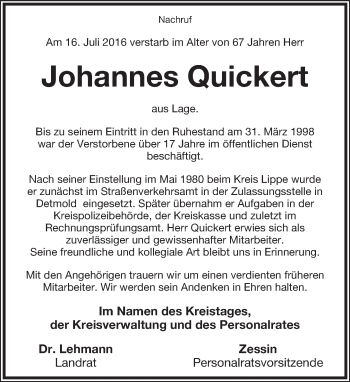 Anzeige  Johannes Quickert  Lippische Landes-Zeitung