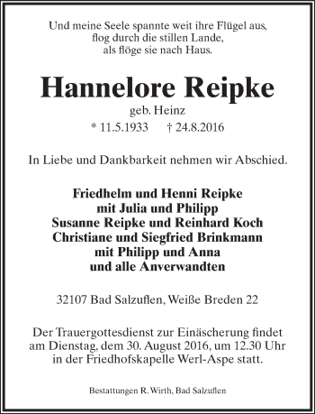 Anzeige  Hannelore Reipke  Lippische Landes-Zeitung