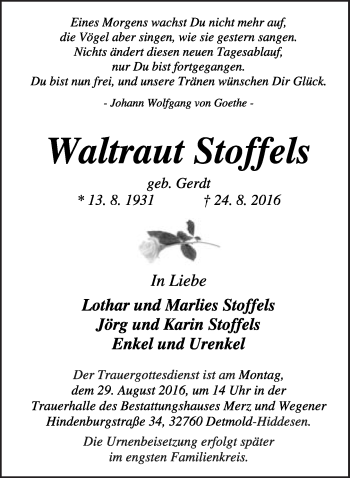 Anzeige  Waltraut Stoffels  Lippische Landes-Zeitung