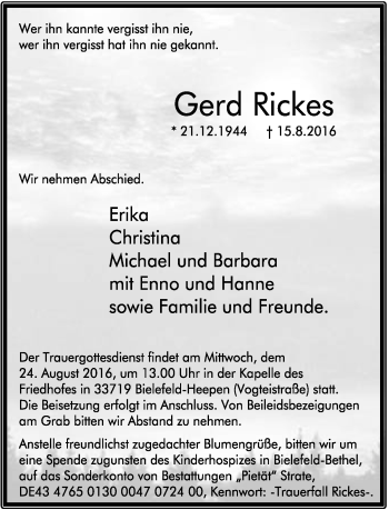 Anzeige  Gerd Rickes  Lippische Landes-Zeitung