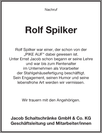 Anzeige  Rolf Spilker  Lippische Landes-Zeitung