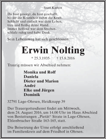 Anzeige  Erwin Nolting  Lippische Landes-Zeitung