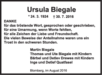Anzeige  Ursula Biegale  Lippische Landes-Zeitung