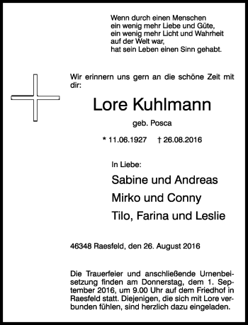 Anzeige  Lore Kuhlmann  Lippische Landes-Zeitung
