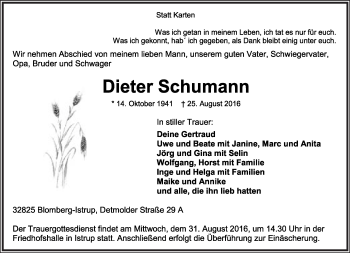 Anzeige  Dieter Schumann  Lippische Landes-Zeitung