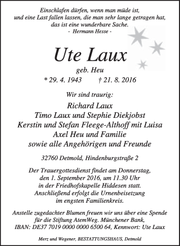Anzeige  Ute Laux  Lippische Landes-Zeitung