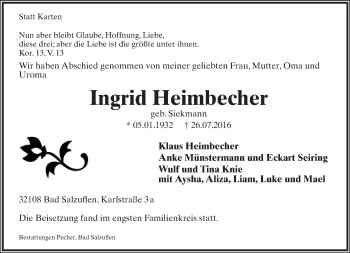 Anzeige  Ingrid Heimbecher  Lippische Landes-Zeitung