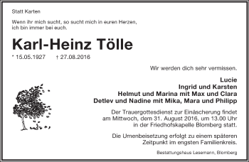 Anzeige  Karl-Heinz Tölle  Lippische Landes-Zeitung