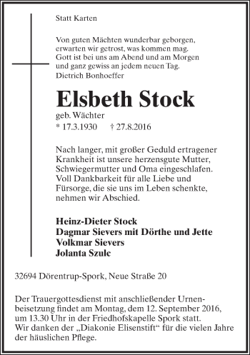 Anzeige  Elsbeth Stock  Lippische Landes-Zeitung