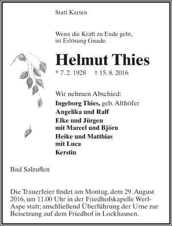 Anzeige  Helmut Thies  Lippische Landes-Zeitung