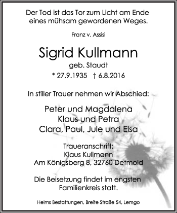 Anzeige  Sigrid Kullmann  Lippische Landes-Zeitung