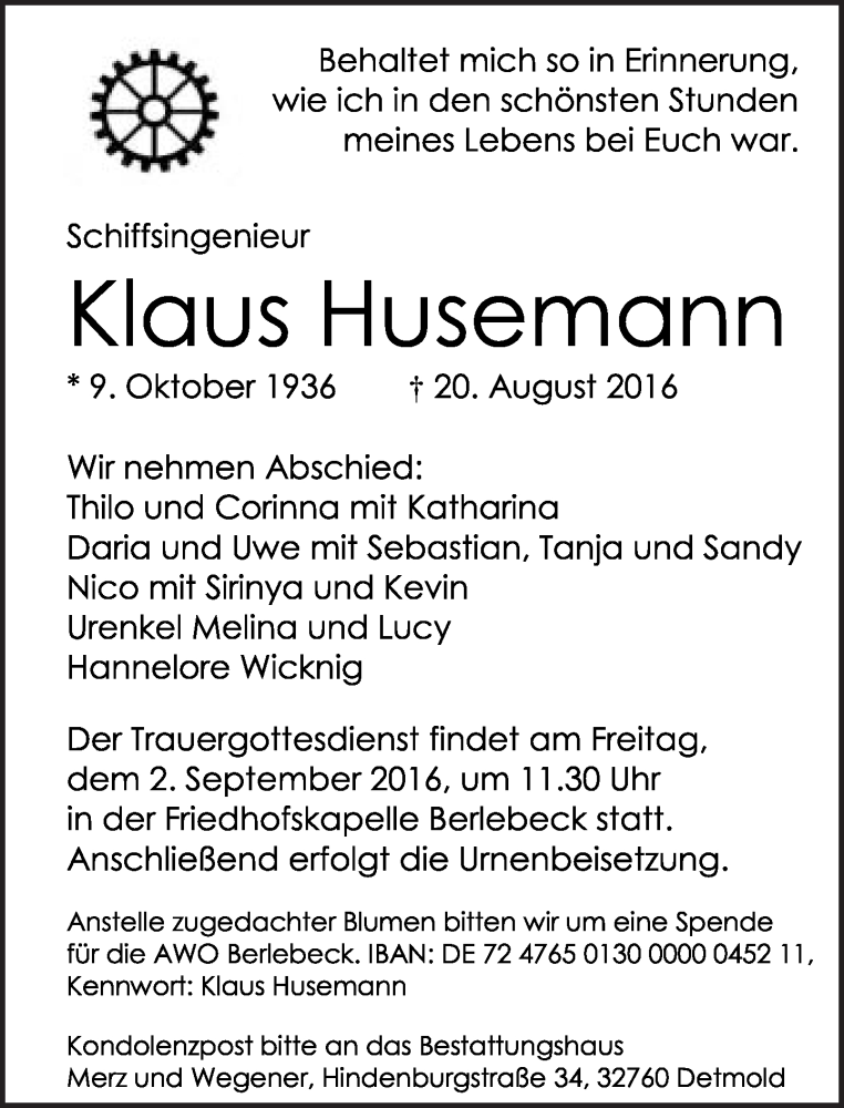  Traueranzeige für Klaus Husemann vom 27.08.2016 aus Lippische Landes-Zeitung