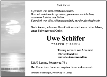Anzeige  Uwe Schäfer  Lippische Landes-Zeitung