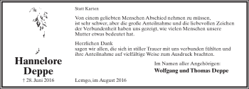 Anzeige  Hannelore Deppe  Lippische Landes-Zeitung