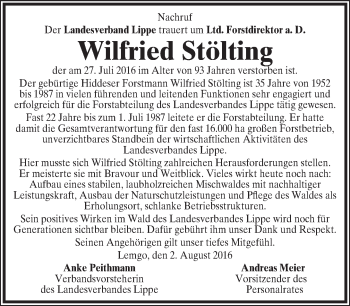 Anzeige  Wilfried Stölting  Lippische Landes-Zeitung