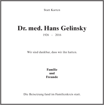Anzeige  Hans Gelinsky  Lippische Landes-Zeitung