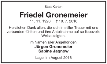Anzeige  Friedel Gronemeier  Lippische Landes-Zeitung