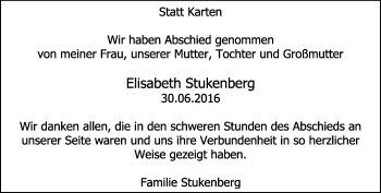 Anzeige  Elisabeth Stukenberg  Lippische Landes-Zeitung