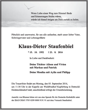 Anzeige  Kaus-Dieter Staufenbiel  Lippische Landes-Zeitung
