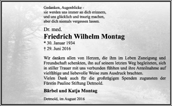 Anzeige  Friedrich Wilhelm Montag  Lippische Landes-Zeitung