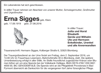 Anzeige  Erna Sigges  Lippische Landes-Zeitung