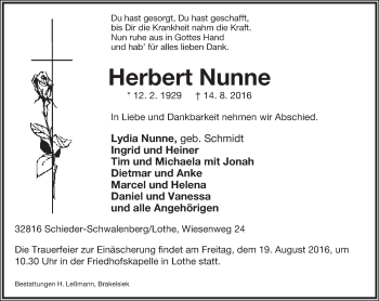 Anzeige  Herbert Nunne  Lippische Landes-Zeitung