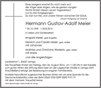 Anzeige  Hermann Gustav-Adolf Meier  Lippische Landes-Zeitung