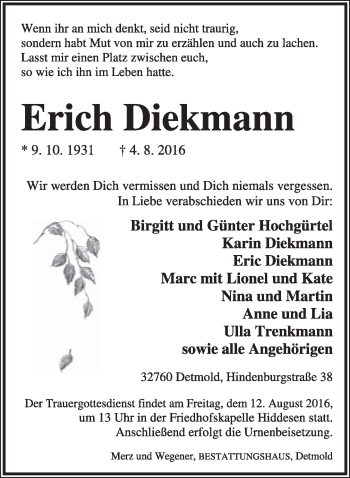 Anzeige  Erich Diekmann  Lippische Landes-Zeitung