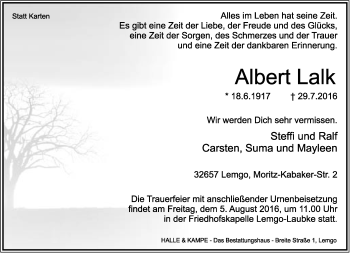 Anzeige  Albert Lalk  Lippische Landes-Zeitung