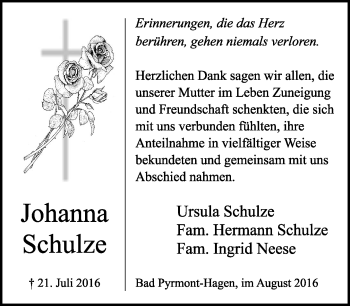 Anzeige  Johanna Schulze  Lippische Landes-Zeitung