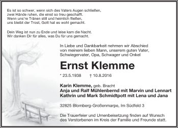 Anzeige  Ernst Klemme  Lippische Landes-Zeitung