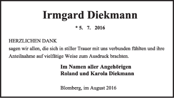 Anzeige  Irmgard Diekmann  Lippische Landes-Zeitung
