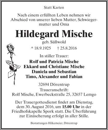 Anzeige  Hildegard Mische  Lippische Landes-Zeitung
