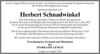 Anzeige  Herbert Schnadwinkel  Lippische Landes-Zeitung