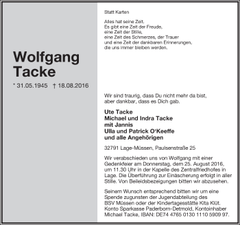 Anzeige  Wolfgang Tacke  Lippische Landes-Zeitung